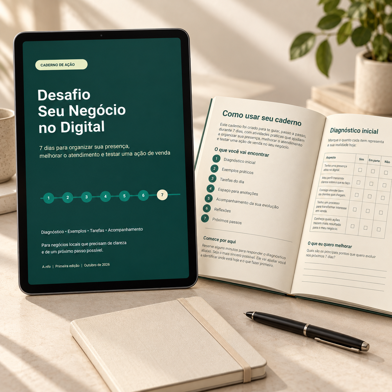 Mockup do ebook Desafio Seu Negócio no Digital em um tablet, ao lado de um caderno de exercícios e uma caneta
